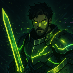 Cyber warrior with glowing green sword